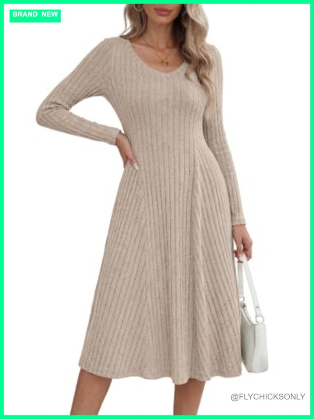 Long Sleeve Ribbed Knit Midi Sweater Dress A-Line Fall